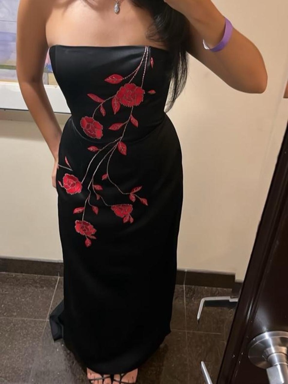 Morgan & Co. Black Strapless Maxi Dress with Red Floral Embroidery